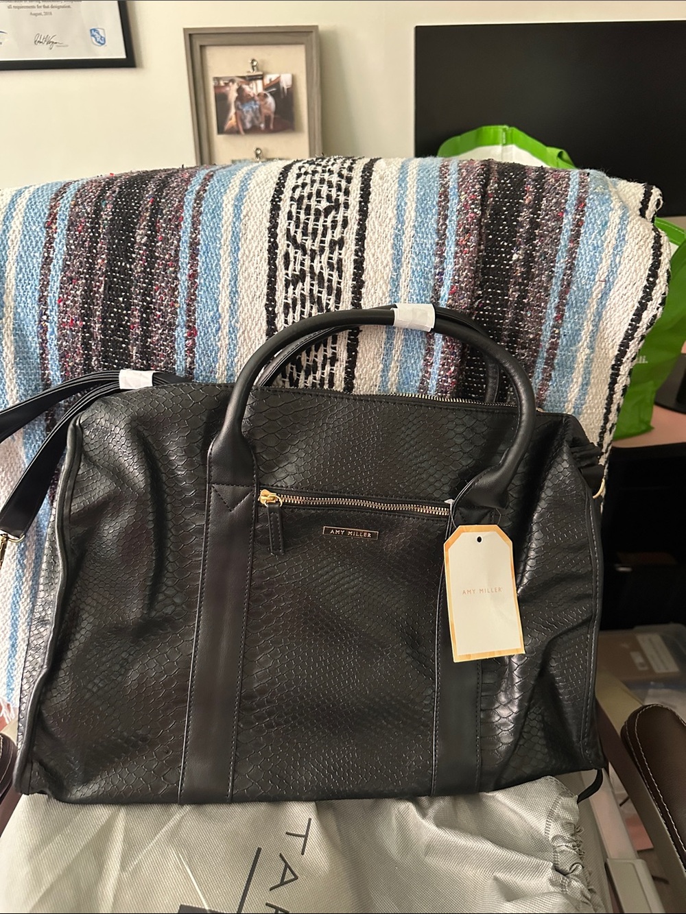 Black Textured Leather Weekender Bag